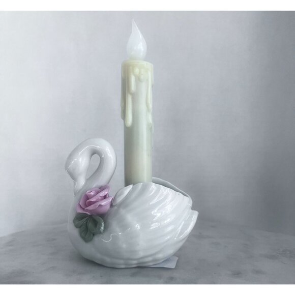 Porcelain White Swan Figurine Pink Rose Candle Holder Dressing Table Decor - Picture 4 of 11